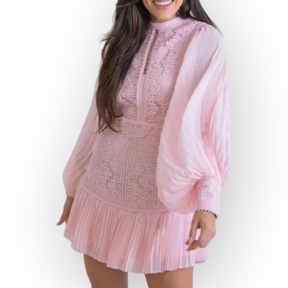 KARLIE Lace Dress Coquette NWT Pink Chiffon‎ Lace Dress- size L 8/10 Cottagecore